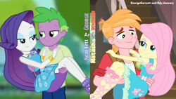 Size: 1920x1080 | Tagged: safe, anonymous artist, artist:edy_january, artist:georgegarza01, edit, edited screencap, screencap, big macintosh, fluttershy, rarity, spike, human, equestria girls, g4, bedroom eyes, boyfriend and girlfriend, bridal carry, carrying, female, fluttershy boho dress, human spike, humanized, looking at each other, looking at someone, male, rarity peplum dress, ship:fluttermac, ship:sparity, shipping, smiling, smiling at each other, straight