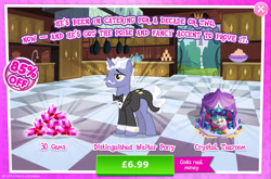 Size: 1964x1297 | Tagged: safe, gameloft, earl grey, pony, unicorn, g4, my little pony: magic princess, advertisement, bowtie, cake, cake slice, chair, clothes, costs real money, cushion, english, facial hair, food, gem, horn, introduction card, male, mobile game, moustache, numbers, sale, solo, stallion, stool, suit, table, teapot, text