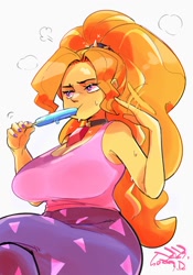 Size: 1400x2000 | Tagged: safe, artist:sozglitch, adagio dazzle, human, equestria girls, g4, big breasts, breasts, busty adagio dazzle, eating, fanning, female, food, hot, huge breasts, popsicle, simple background, solo, sweat, white background