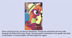 Size: 1678x899 | Tagged: safe, edit, edited screencap, screencap, sweet pepper, pegasus, pony, g4, my little pony: friendship is magic, stranger than fan fiction, /mlp/, 4chan, clothes, costume, daring do costume, female, folded wings, hat, mare, pith helmet, shirt, sitting, smiling, text, wings