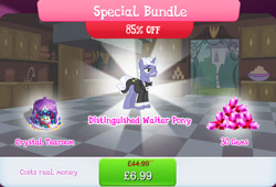 Size: 1264x857 | Tagged: safe, gameloft, earl grey, pony, unicorn, g4, my little pony: magic princess, bowtie, bundle, cake, cake slice, chair, clothes, costs real money, cushion, english, facial hair, food, gem, horn, male, mobile game, moustache, numbers, sale, solo, stallion, stool, suit, table, teapot, text