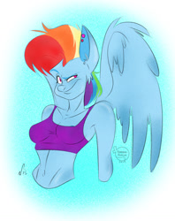 Size: 1227x1551 | Tagged: dead source, safe, alternate version, artist:feathers-ruffled, rainbow dash, pegasus, anthro, g4, 2015, belly button, breasts, bust, cleavage, clothes, ear piercing, eyebrows, female, mare, piercing, raised eyebrow, smiling, smirk, solo, sports bra, spread wings, wings