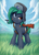 Size: 1249x1712 | Tagged: safe, artist:zeepheru, oc, oc only, oc:colour field, earth pony, pony, band-aid, chest fluff, cloud, earth pony oc, eye scar, facial scar, female, grass, grass field, gun, hat, heterochromia, looking at you, mare, rifle, scar, sks, sky, smiling, solo, ushanka, weapon