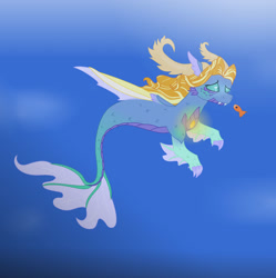 Size: 1024x1029 | Tagged: safe, artist:abbi--arson, oc, oc only, fish, hybrid, merpony, seapony (g4), blue background, blue eyes, crepuscular rays, digital art, fangs, female, fin wings, fins, fish tail, flowing mane, flowing tail, gem, glowing, green eyes, hybrid oc, mare, ocean, orange mane, scales, simple background, solo, sunlight, swimming, tail, underwater, water, wings