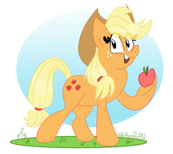Size: 865x772 | Tagged: safe, artist:feathers-ruffled, applejack, earth pony, pony, g4, 2018, apple, applejack's hat, cowboy hat, female, food, freckles, grass, hat, looking at you, mare, open mouth, open smile, raised hoof, signature, smiling, solo, tail