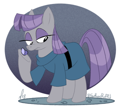 Size: 818x713 | Tagged: safe, artist:feathers-ruffled, boulder (g4), maud pie, earth pony, pony, g4, 2018, clothes, female, frock coat, lidded eyes, looking down, mare, raised hoof, rock, signature, solo, tail