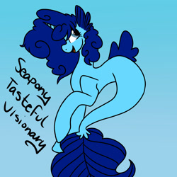 Size: 1024x1024 | Tagged: safe, artist:mischievousartist, oc, oc only, pony, seapony (g4), unicorn, blue eyes, blue mane, blue tail, digital art, dorsal fin, female, fish tail, flowing mane, flowing tail, horn, mare, ocean, open mouth, open smile, seaponified, smiling, solo, species swap, swimming, tail, underwater, water