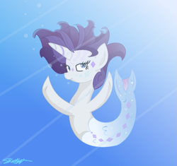 Size: 661x622 | Tagged: safe, artist:abbi--arson, oc, oc only, merpony, pony, seapony (g4), unicorn, blue eyes, blue mane, bubble, crepuscular rays, eyelashes, female, fish tail, flowing mane, horn, lidded eyes, looking at you, mare, ocean, scales, seaponified, signature, smiling, smiling at you, solo, sparkles, species swap, sunlight, swimming, tail, underwater, water