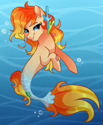 Size: 865x1050 | Tagged: safe, artist:faryawolf, oc, oc only, earth pony, merpony, seapony (g4), blue eyes, bubble, commission, coral, crepuscular rays, cute, digital art, dorsal fin, eyelashes, fins, fish tail, flowing mane, flowing tail, looking at you, ocean, orange mane, orange tail, seaponified, smiling, smiling at you, solo, species swap, sunlight, swimming, tail, underwater, water