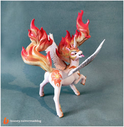 Size: 1898x1942 | Tagged: safe, artist:alexcroft1991, daybreaker, alicorn, pony, g4, butt, craft, daybutt, female, figurine, helmet, hoof shoes, irl, lidded eyes, looking back, mane of fire, mare, open mouth, peytral, photo, plot, raised hoof, sculpture, solo, spread wings, tongue out, wings