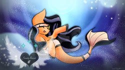 Size: 600x338 | Tagged: safe, artist:sweetybiscuit30, oc, oc only, earth pony, pony, seapony (g4), black mane, bubble, crepuscular rays, digital art, dorsal fin, female, fish tail, flowing mane, flowing tail, glowing, logo, looking at you, mare, ocean, one eye closed, seaponified, signature, smiling, smiling at you, solo, species swap, speedpaint, sunlight, swimming, tail, underwater, water, wink, yellow eyes