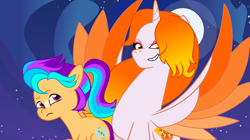 Size: 9663x5408 | Tagged: safe, artist:shootingstarsentry, daybreaker, oc, oc:shimmer starblazer, alicorn, earth pony, pony, g4, g5, absurd resolution, earth pony oc, female, g4 to g5, generation leap, mare, offspring, parent:hitch trailblazer, parent:sunny starscout, parents:starblazer