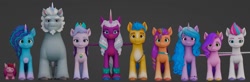 Size: 1758x578 | Tagged: safe, gameloft, alphabittle blossomforth, hitch trailblazer, izzy moonbow, misty brightdawn, opaline arcana, pipp petals, queen haven, sunny starscout, zipp storm, alicorn, armadillo, earth pony, pegasus, pony, unicorn, g5, my little pony: mane merge, spoiler:g5, 3d, blender, female, freckles, full body, height difference, line-up, male, mane five, mare, multicolored mane, pipp is short, size comparison, size difference, stallion, t pose, unshorn fetlocks