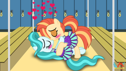 Size: 3840x2160 | Tagged: safe, artist:ejlightning007arts, lighthoof, shimmy shake, earth pony, pony, 2 4 6 greaaat, g4, blushing, eyes closed, eyeshadow, female, floating heart, heart, high res, kiss on the lips, kissing, lesbian, locker room, love, lying down, makeup, making out, mare, on floor, ponytail, romantic, shimmyhoof, shipping