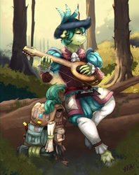 Size: 693x875 | Tagged: safe, artist:mazinga669, sandbar, earth pony, anthro, unguligrade anthro, g4, backpack, bard, crossover, dungeons and dragons, eyes closed, fantasy, fantasy class, forest, lute, medieval, pen and paper rpg, rpg, solo