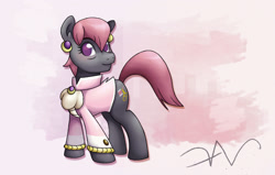 Size: 2200x1400 | Tagged: safe, artist:swasfews, prim hemline, earth pony, pony, g4, clothes, ear piercing, earring, female, jewelry, looking at something, mare, piercing, simple background, smiling, solo, sweater