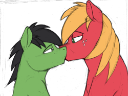 Size: 2277x1715 | Tagged: safe, artist:sefastpone, big macintosh, oc, oc:anon stallion, earth pony, pony, g4, canon x oc, colored sketch, duo, earth pony oc, freckles, gay, kiss on the lips, kissing, looking at each other, looking at someone, male, simple background, stallion, white background
