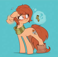 Size: 1340x1296 | Tagged: safe, artist:rexyseven, oc, oc only, oc:rusty gears, earth pony, pony, bag, blue background, blushing, clothes, earth pony oc, female, head shake, mare, missing accessory, paper bag, question mark, scarf, simple background, socks, solo, striped scarf, striped socks, sweat, thought bubble, worried