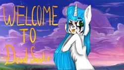 Size: 1280x720 | Tagged: safe, artist:deadsmoke, derpibooru exclusive, oc, pony, unicorn, ;p, blue, cute, fur, horn, one eye closed, scar, sky, snowy, solo, tongue out, unicorn oc, white, wink, youtube channel, youtube thumbnail