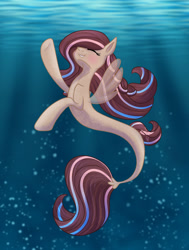 Size: 1280x1692 | Tagged: safe, artist:fallsplash, oc, oc only, pegasus, pony, seapony (g4), blushing, brown mane, bubble, crepuscular rays, cute, digital art, dorsal fin, eyelashes, female, fin wings, fins, fish tail, flowing mane, flowing tail, ocean, seaponified, slender, smiling, solo, species swap, sunlight, swimming, tail, thin, underwater, water, wings