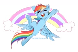 Size: 1280x853 | Tagged: safe, artist:anotherdeadrat, rainbow dash, pegasus, pony, g4, blushing, cloud, eyes closed, female, flying, happy, mare, open mouth, open smile, rainbow, signature, simple background, smiling, solo, spread wings, white background, wings