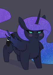 Size: 2480x3508 | Tagged: safe, artist:underpable, princess luna, alicorn, pony, g4, :c, >:c, angry, blush sticker, blushing, chest fluff, chonk, ethereal mane, female, frown, glowing, glowing eyes, high res, mare, short, short legs, slit pupils, solo, starry mane, stubby
