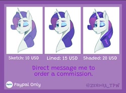 Size: 719x532 | Tagged: safe, artist:zendora, rarity, pony, unicorn, g4, advertisement, bust, commission info, female, mare, one eye closed, wink