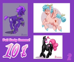 Size: 1653x1367 | Tagged: safe, artist:zendora, cozy glow, pinkie pie, oc, earth pony, pegasus, pony, g4, advertisement, chains, commission info, earth pony oc, ethereal mane, horn, starry mane