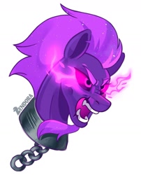 Size: 1607x1988 | Tagged: safe, artist:zendora, oc, oc only, earth pony, pony, angry, bust, chains, collar, earth pony oc, male, open mouth, simple background, solo, sombra eyes, stallion, white background