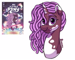 Size: 1250x1000 | Tagged: safe, artist:abigail starling, artist:zendora, idw, violette rainbow, pony, unicorn, g5, spoiler:g5, bust, comic cover, duo, female, filly, foal, horn, screencap reference, simple background, smiling, vitiligo, white background