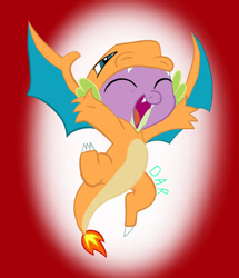 Size: 750x874 | Tagged: safe, artist:gracefulart693, spike, charizard, dragon, g4, abstract background, cheering, clothes, costume, crossover, cute, kigurumi, male, open mouth, pokémon, smiling, solo, spikabetes, winged spike, wings