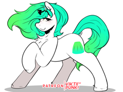 Size: 1600x1200 | Tagged: safe, artist:viktiipunk, oc, oc only, oc:gumdrop, earth pony, pony, chest fluff, female, mare, pose, raised hoof, raised tail, simple background, smiling, solo, sunglasses, tail, white background