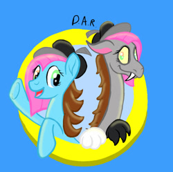 Size: 750x748 | Tagged: safe, artist:gracefulart693, oc, oc only, draconequus, earth pony, pony, abstract background, beret, draconequus oc, duo, earth pony oc, fangs, female, hat, heterochromia, mare, raised hoof, smiling