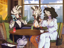 Size: 2204x1671 | Tagged: safe, artist:hakkids2, oc, oc only, zebra, anthro, absolute cleavage, breasts, cellphone, choker, cleavage, clothes, conversation, dress, drink, eyes closed, female, hand on cheek, hand on chin, laughing, mohawk, phone, smartphone, trio, trio female, zebra oc