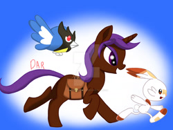 Size: 1280x960 | Tagged: safe, artist:gracefulart693, oc, pony, rookidee, scorbunny, unicorn, abstract background, bag, deviantart watermark, horn, obtrusive watermark, pokémon, running, saddle bag, unicorn oc, watermark