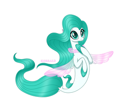 Size: 1280x1098 | Tagged: safe, artist:daisyarfield, oc, oc only, seapony (g4), adoptable, collar, cute, digital art, dorsal fin, female, fin wings, fins, fish tail, flowing mane, flowing tail, green eyes, green mane, green tail, mare, seapony oc, signature, simple background, smiling, solo, swimming, tail, transparent background, wings