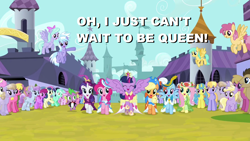 Size: 1280x720 | Tagged: safe, edit, edited screencap, screencap, amber waves, applejack, berry punch, berryshine, bon bon, cherry berry, cloud kicker, cloudchaser, dinky hooves, dizzy twister, doctor whooves, flitter, fluttershy, lemon hearts, lightning bolt, lyra heartstrings, minuette, orange swirl, pinkie pie, piña colada, rainbow dash, rarity, ruby pinch, spike, sunshower raindrops, sweetie drops, time turner, twilight sparkle, twinkleshine, white lightning, alicorn, earth pony, pegasus, pony, unicorn, g4, magical mystery cure, anniversary, background pony, big crown thingy, canterlot, canterlot castle, caption, celebration, clothes, coronation, coronation dress, crowd, crown, disney, dress, element of magic, i just can't wait to be king, jewelry, life in equestria, magical mystery cure 10th anniversary, reference, regalia, singing, text, the lion king, twilight sparkle (alicorn)
