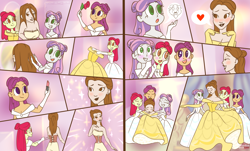 Size: 3800x2300 | Tagged: safe, artist:loverashley, apple bloom, scootaloo, sweetie belle, human, equestria girls, g4, beauty and the beast, belle, blushing, clothes, comic, crossover, cutie mark crusaders, disney princess, dress, evening gloves, female, gloves, gown, heart, high res, long gloves, pictogram