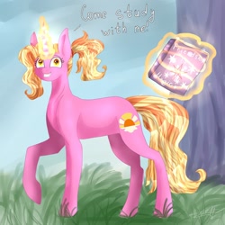 Size: 1280x1280 | Tagged: safe, artist:deadsmoke, derpibooru exclusive, luster dawn, pony, unicorn, g4, season 9, book, female, glowing, glowing horn, horn, magic, magic aura, mare, solo, telekinesis