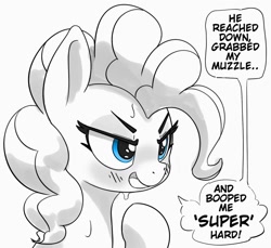 Size: 1200x1101 | Tagged: safe, artist:pabbley, pinkie pie, earth pony, pony, g4, bust, dialogue, female, grayscale, implied anon, implied boop, lewd, mare, monochrome, partial color, simple background, solo, speech bubble, sweat, white background