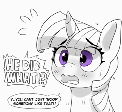 Size: 1200x1101 | Tagged: safe, artist:pabbley, twilight sparkle, alicorn, pony, g4, adorable distress, blushing, bust, cute, dialogue, emanata, female, grayscale, implied anon, implied boop, mare, monochrome, open mouth, partial color, plewds, simple background, solo, speech bubble, sweat, sweatdrops, twilight sparkle (alicorn), white background
