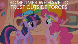 Size: 1920x1080 | Tagged: safe, edit, edited screencap, editor:quoterific, screencap, pinkie pie, twilight sparkle, earth pony, pony, unicorn, feeling pinkie keen, g4, doctor who, golden oaks library, hat, umbrella hat, unicorn twilight