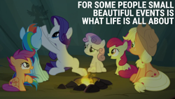 Size: 1920x1080 | Tagged: safe, edit, edited screencap, editor:quoterific, screencap, apple bloom, applejack, rainbow dash, rarity, scootaloo, sweetie belle, earth pony, pegasus, pony, unicorn, campfire tales, g4, campfire, cutie mark crusaders, dexterous hooves, doctor who, female, filly, foal, group, mare, shadow puppet, tent