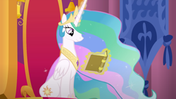 Size: 1280x721 | Tagged: safe, artist:mlp-silver-quill, princess celestia, after the fact, after the fact:celestia centerpoints, g4, book, canterlot castle, crown, cute, cutelestia, jewelry, magic, magic aura, peytral, reading, regalia, tapestry, throne room