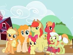 Size: 1440x1080 | Tagged: safe, artist:thesuperponygamer75, edit, edited screencap, screencap, apple bloom, applejack, big macintosh, bright mac, granny smith, pear butter, earth pony, pony, g4, apple bloom's bow, apple family, applejack's hat, applejack's parents, bow, cowboy hat, father and child, father and daughter, father and mother, father and son, female, filly, foal, freckles, grin, hair bow, happy, hat, male, mare, mother and child, mother and daughter, mother and son, open mouth, open smile, raised hoof, smiling, stallion, sweet apple acres, what if