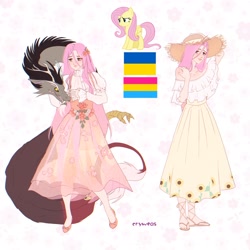 Size: 2048x2048 | Tagged: safe, artist:cryweas, discord, fluttershy, draconequus, human, pegasus, pony, g4, blushing, clothes, cute, dress, feet, female, flats, freckles, hat, high res, humanized, interspecies, male, pansexual, pansexual pride flag, pride, pride flag, sandals, see-through, ship:discoshy, shipping, shirt, shoes, shyabetes, skirt, stockings, straight, sun hat, thigh highs, ukraine, ukraine flag