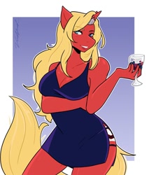 Size: 1007x1200 | Tagged: safe, artist:voidified_, oc, oc only, oc:scarlet rose, unicorn, anthro, alcohol, breasts, busty scarlet rose, cleavage, clothes, dress, eye clipping through hair, eyebrows, eyebrows visible through hair, glass, looking at you, side slit, solo, total sideslit, wine, wine glass