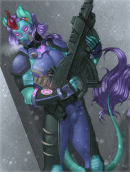 Size: 1669x2207 | Tagged: safe, artist:st. oni, oc, oc only, oc:searing cold, kirin, anthro, armor, crossover, gun, kirin oc, male, science fiction, solo, video game, weapon