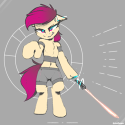 Size: 2802x2802 | Tagged: safe, artist:deafjaeger, oc, oc only, oc:violetka, earth pony, pony, semi-anthro, angry, arm hooves, armband, augmented, belly button, belt, bipedal, chest fluff, clothes, ears back, earth pony oc, female, front view, high res, looking at you, magic, mare, phasesaw, shorts, simple background, solo, standing, standing on two hooves, sword, telekinesis, the chronicles of order, weapon