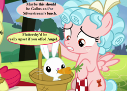Size: 1008x720 | Tagged: safe, edit, edited screencap, editor:korora, screencap, angel bunny, apple bloom, cozy glow, pegasus, pony, g4, marks for effort, bad idea, basket, beware the nice ones, bow, carrot, cropped, dialogue, female, filly, foal, food, hair bow, herbivore, herbivore vs carnivore, implied fluttershy, implied gallus, implied silverstream, male, picnic basket, speech bubble, tree